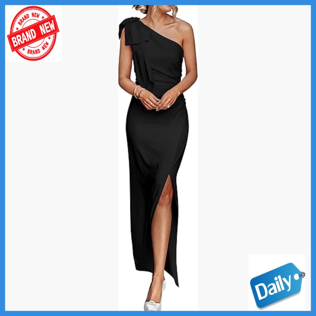 One Shoulder Formal Maxi Dress Ruched Bodycon High Slit Wedding Guest